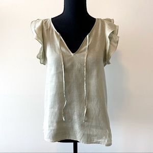 Pale green V-neck ruffle sleeve blouse